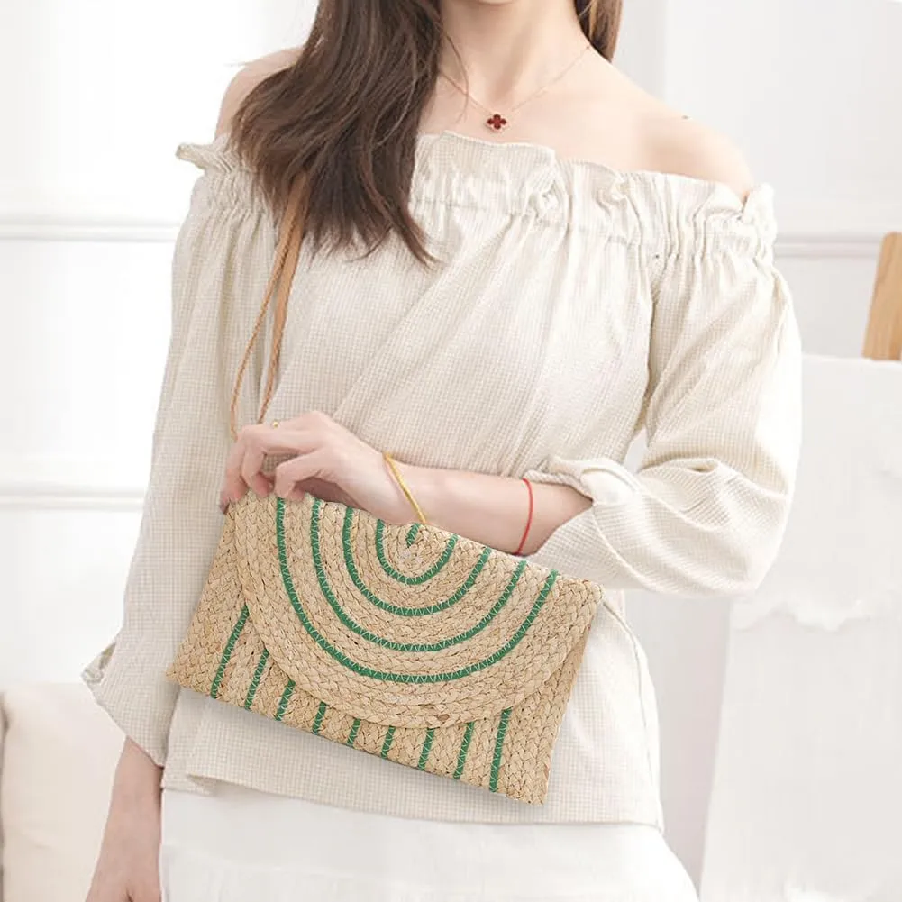 Woven Shoulder Bag with Adjustable Strap Trendy Crossbody Bag Flap Summer Beach Envelope Wallet Straw Bag for Wome