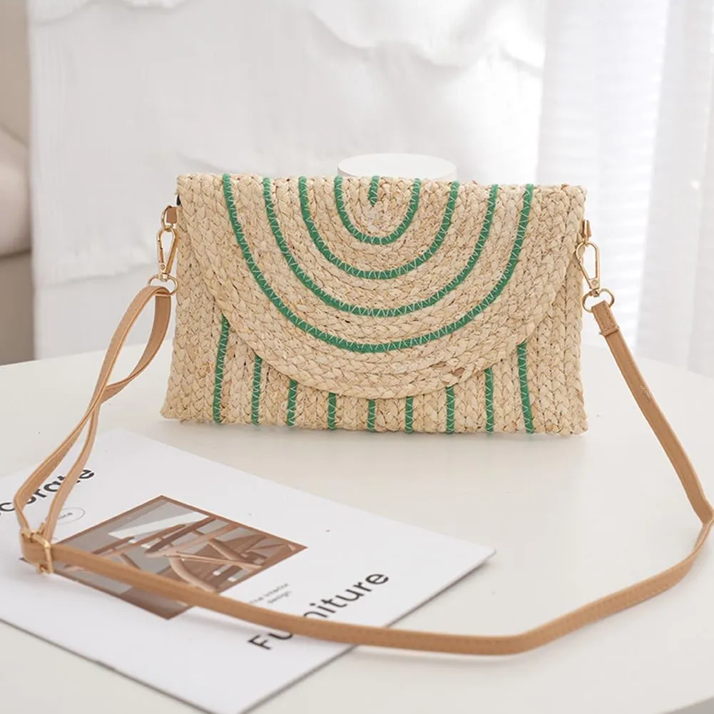 Woven Shoulder Bag with Adjustable Strap Trendy Crossbody Bag Flap Summer Beach Envelope Wallet Straw Bag for Wome
