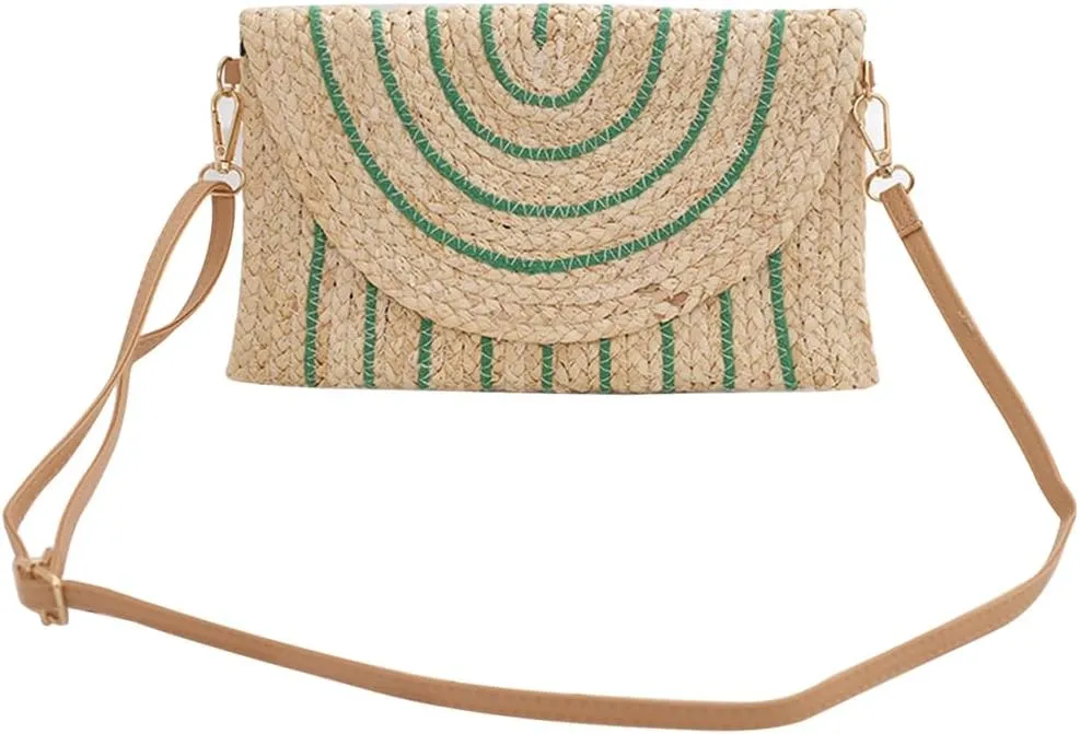 Woven Shoulder Bag with Adjustable Strap Trendy Crossbody Bag Flap Summer Beach Envelope Wallet Straw Bag for Wome