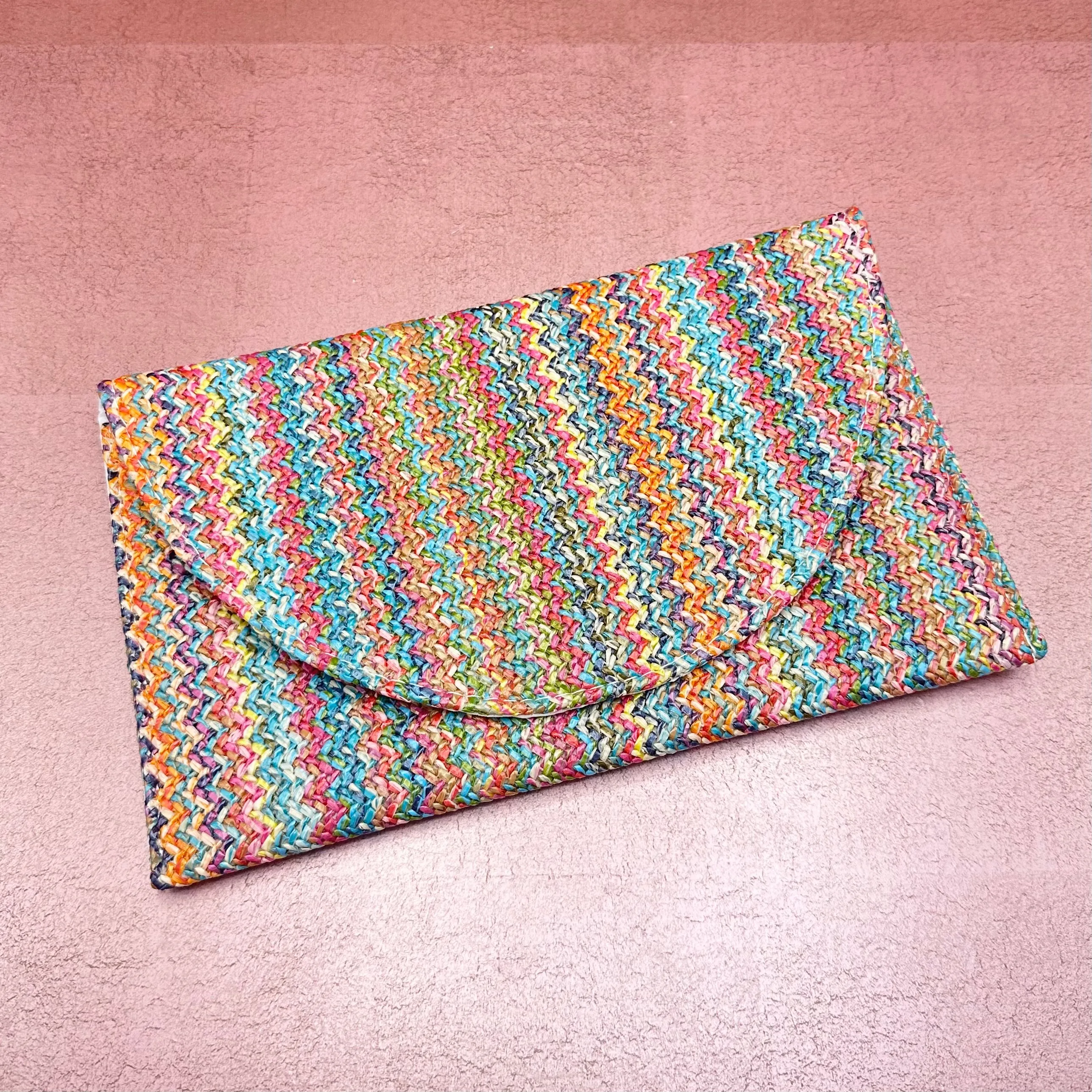 Woven Straw Envelope Clutch Rainbow