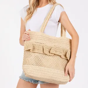 Woven Straw Tote Bag With Ruffle Detail