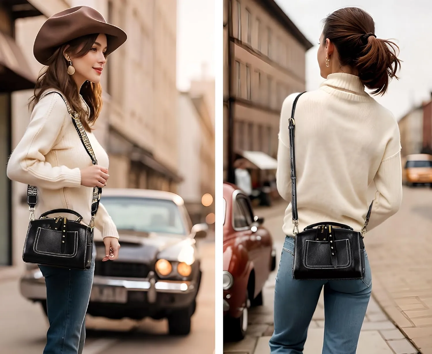 YALUXE Retro Style Genuine Leather Crossbody Bags Top Handle Handbags Purses Shoulder Bags Mini Trunk Bags for Women