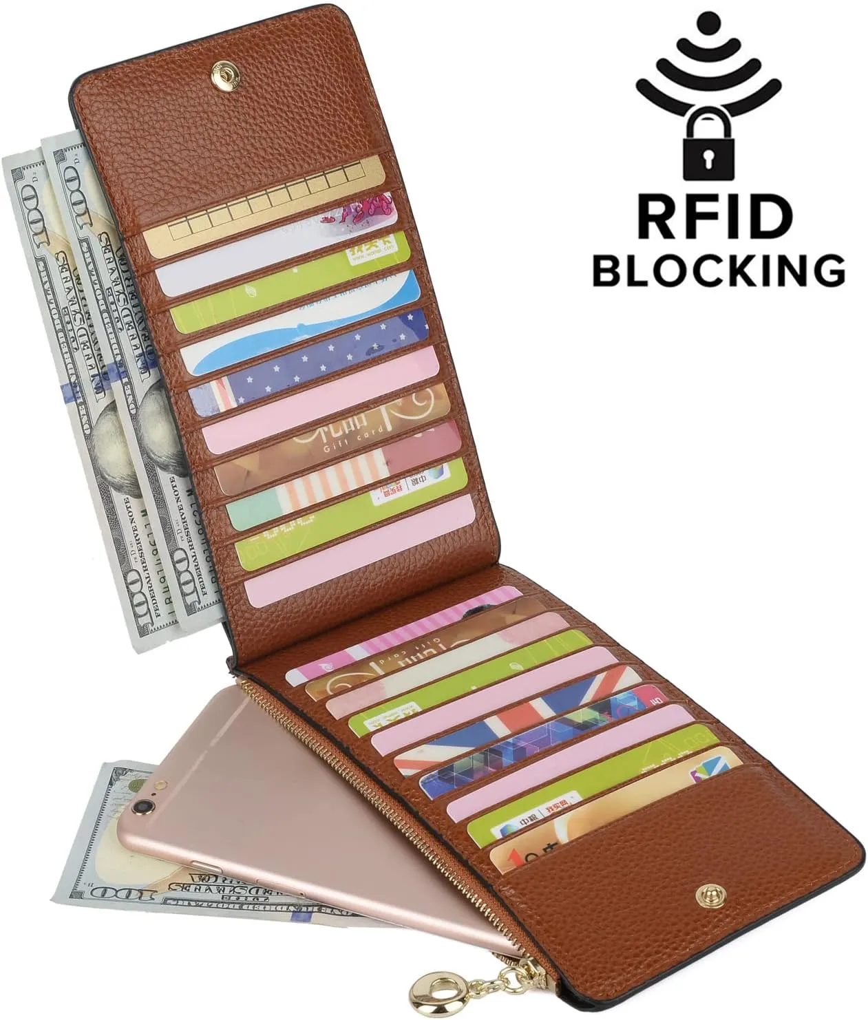 YALUXE Women's Genuine Leather Wallet RFID Blocking Multi Card Organizer with Cell Phone Pocket Zipper Closure