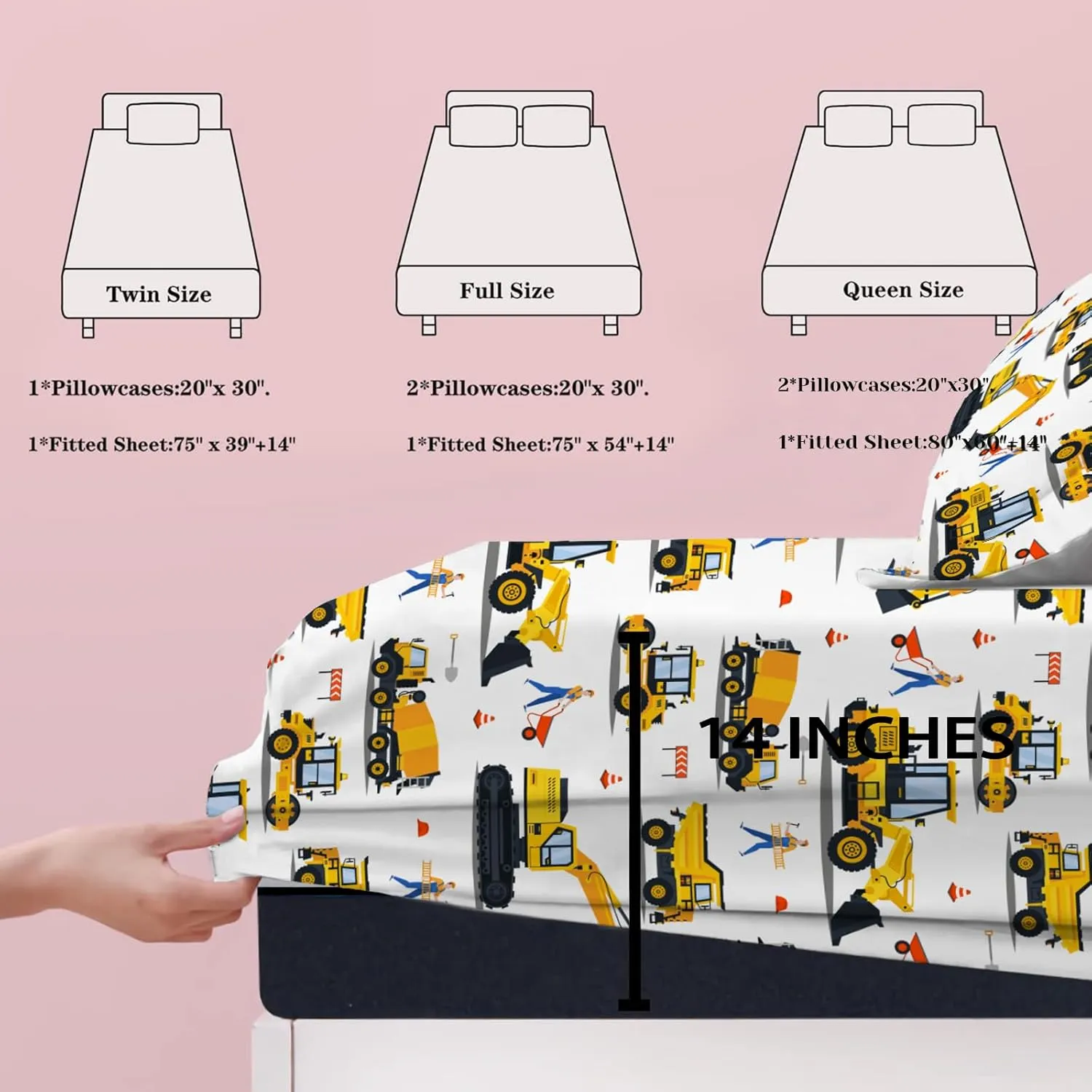 Yasida Twin Fitted Sheet Kids Car Sheets Twin Cartoon Excavator Truck Lifter Bedding 3D Printed Washable Machines Sheets with 1 Fitted Sheet   2 Pillowcases