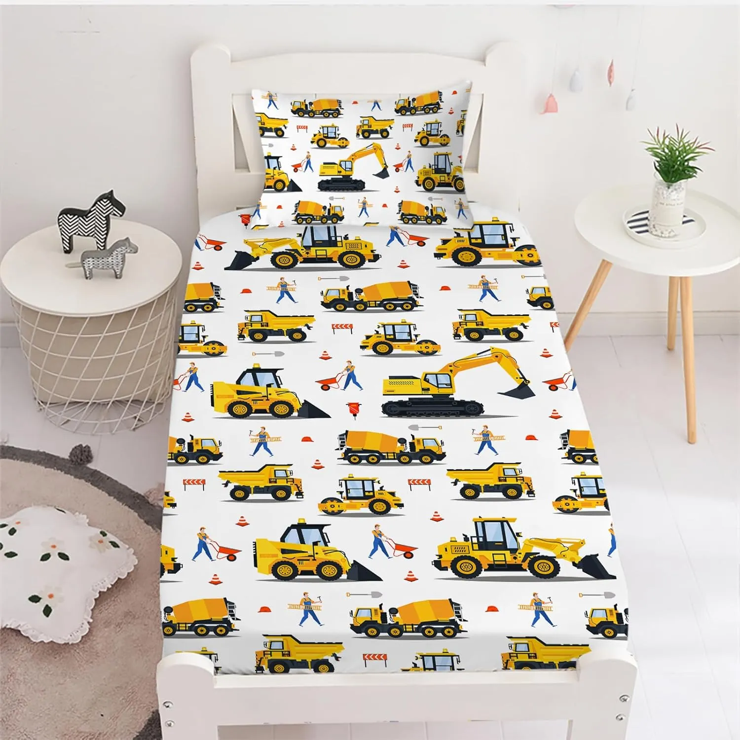 Yasida Twin Fitted Sheet Kids Car Sheets Twin Cartoon Excavator Truck Lifter Bedding 3D Printed Washable Machines Sheets with 1 Fitted Sheet   2 Pillowcases
