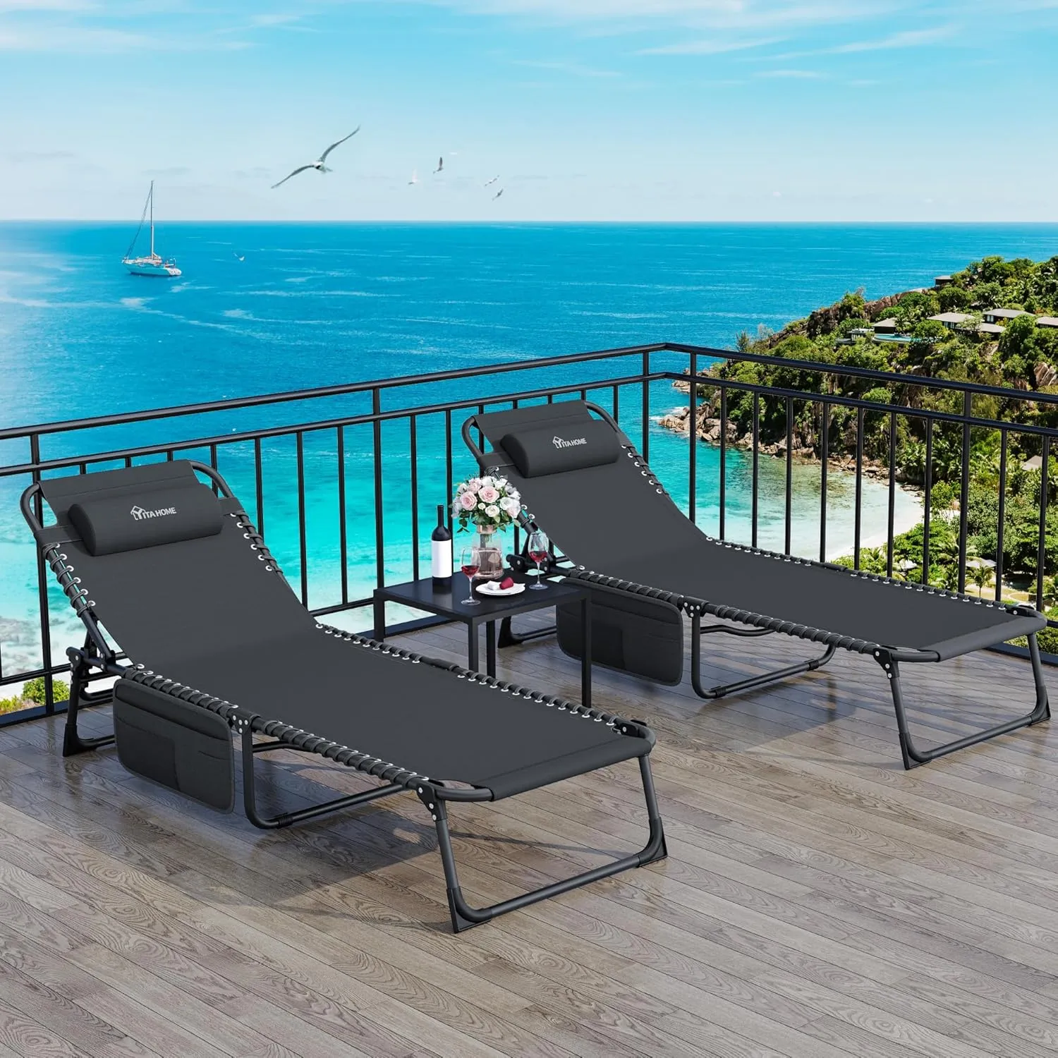 YITAHOME Patio Lounge Chair, Portable Reclining Chairse Lounge Folding Camping Cot 5 Posistion Adjustable w/Head Pillow & Portable Handbag for Camping, Pool, Beach and Patio, Black