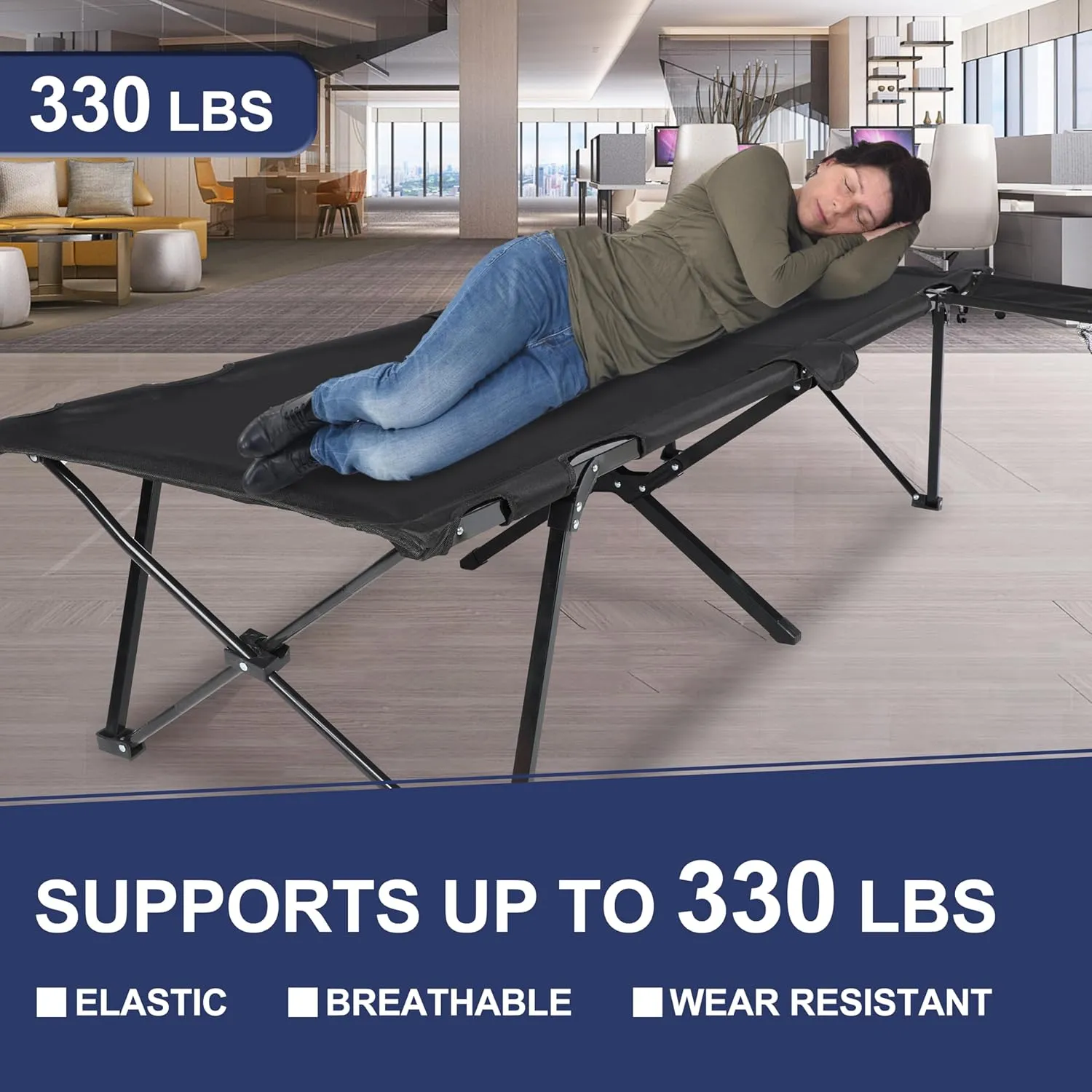 YSSOA Folding Camping Cot with Table for Adults, Portable and Lightweight Sleeping Bed for Outdoor Traveling, Hiking, Easy to Set up, Black