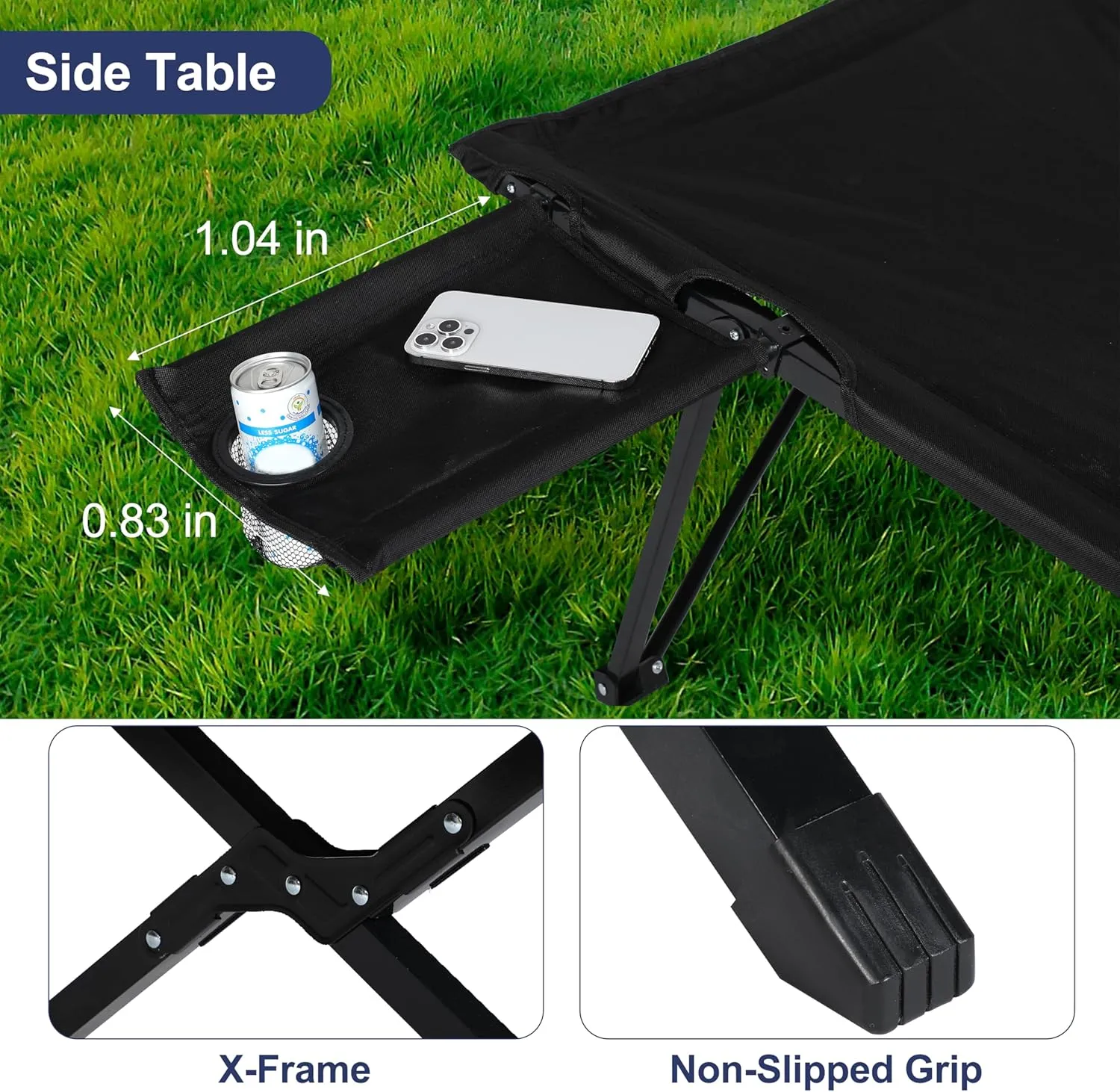 YSSOA Folding Camping Cot with Table for Adults, Portable and Lightweight Sleeping Bed for Outdoor Traveling, Hiking, Easy to Set up, Black