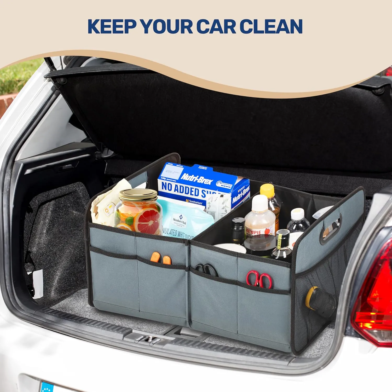 YSSOA Trunk Organizer for Car/SUV/Truck, Collapsible 2 Compartment Automotive Storage Box, 600D Waterproof Oxford Polyester 50L Travel Accessories, Anti-slip & Leak-proof, Grey-Green