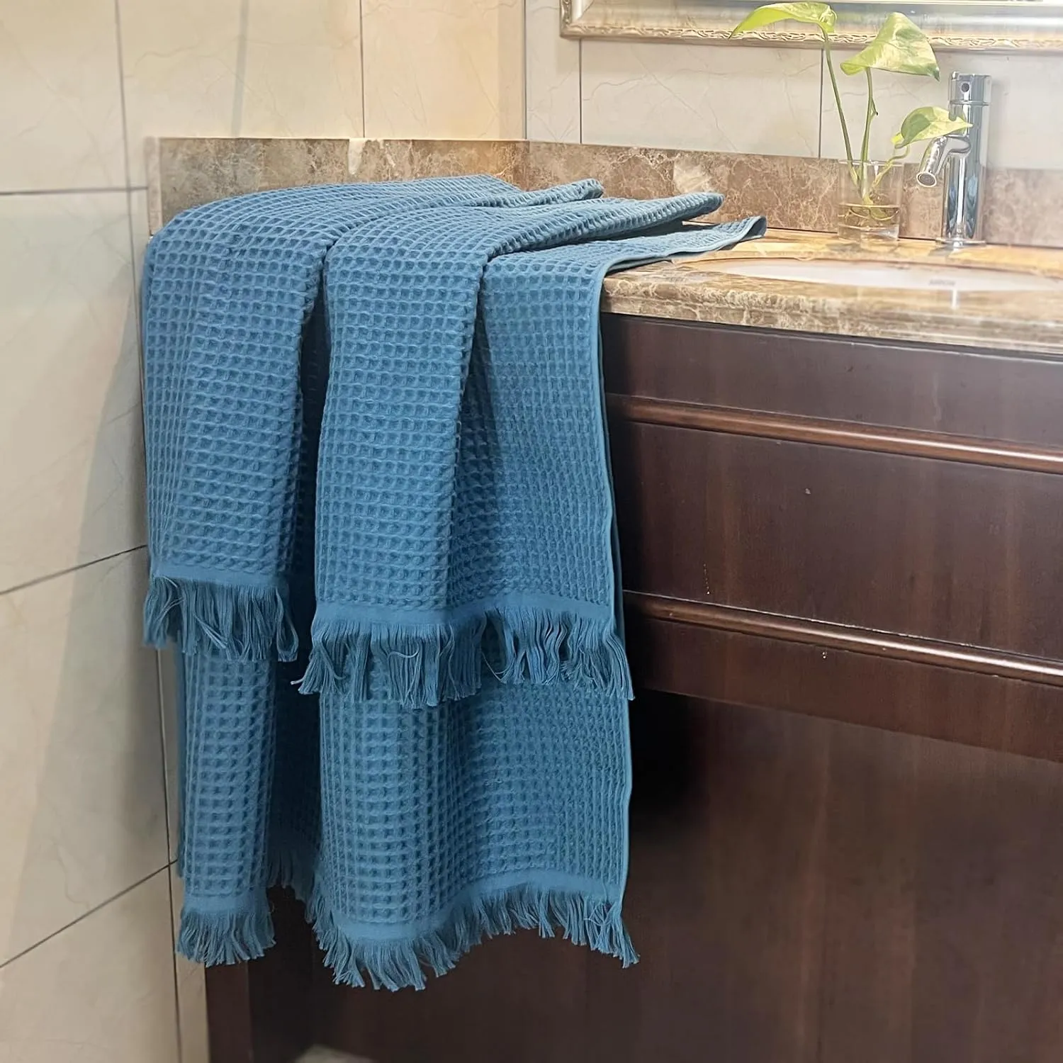 YTYC 35x70 Inches 100 Percent Cotton Extra Large Bath Sheets Towels for Adults Waffle Weave Tassel Decorative Thin Lightweight Super Soft Absorbent (Dark Blue,2)