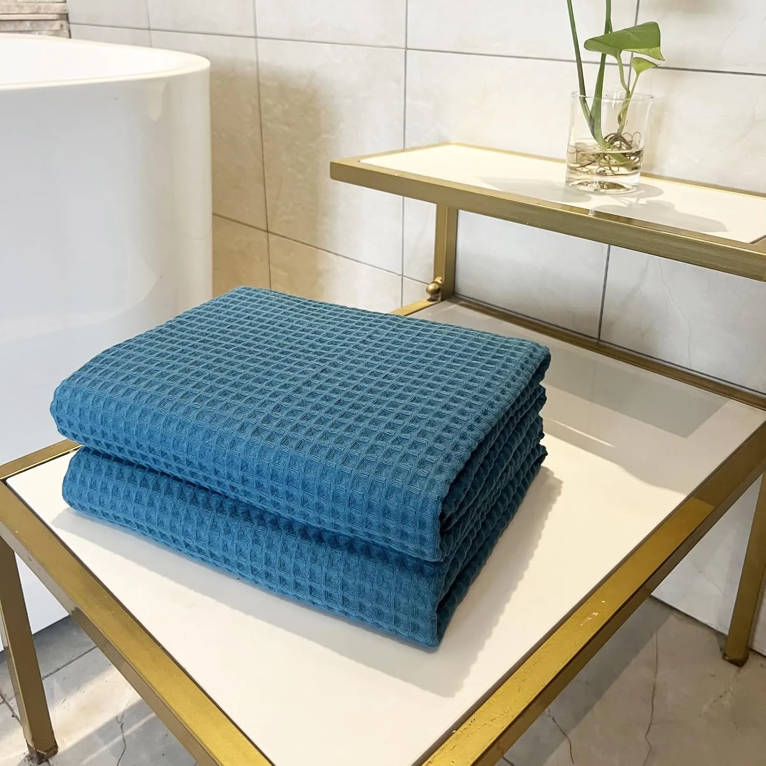 YTYC 35x70 Inches 100 Percent Cotton Extra Large Bath Sheets Towels for Adults Waffle Weave Tassel Decorative Thin Lightweight Super Soft Absorbent (Dark Blue,2)