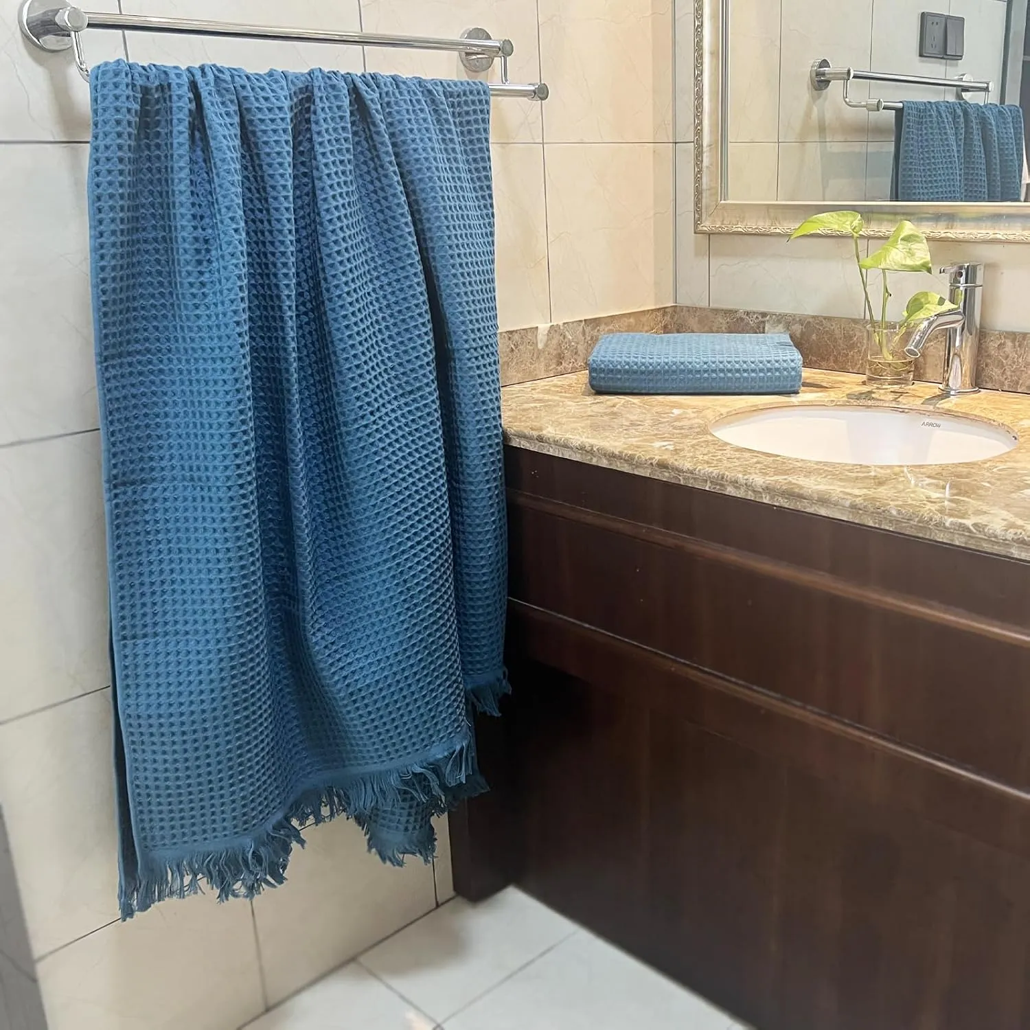YTYC 35x70 Inches 100 Percent Cotton Extra Large Bath Sheets Towels for Adults Waffle Weave Tassel Decorative Thin Lightweight Super Soft Absorbent (Dark Blue,2)
