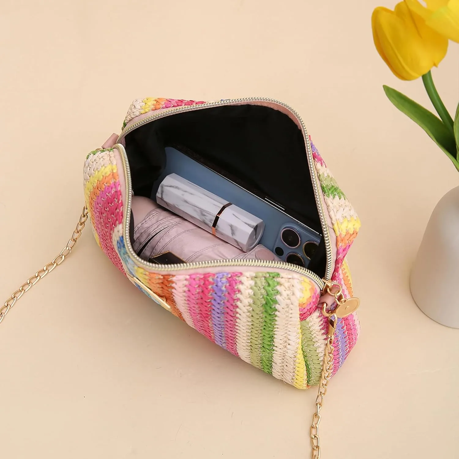 YYW Colorful Straw Bag Women Woven Beach Bags Rainbow Pattern Shoulder Bag Spring Summer Purse