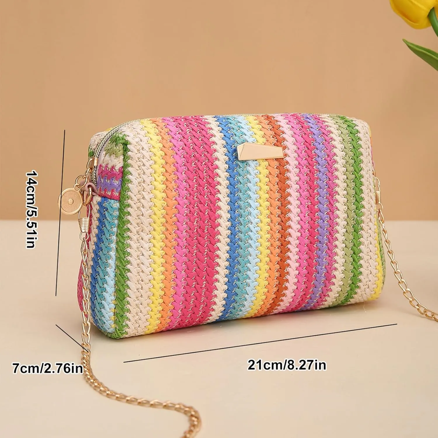 YYW Colorful Straw Bag Women Woven Beach Bags Rainbow Pattern Shoulder Bag Spring Summer Purse