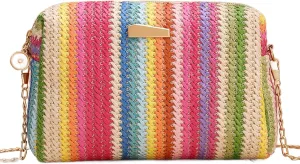 YYW Colorful Straw Bag Women Woven Beach Bags Rainbow Pattern Shoulder Bag Spring Summer Purse