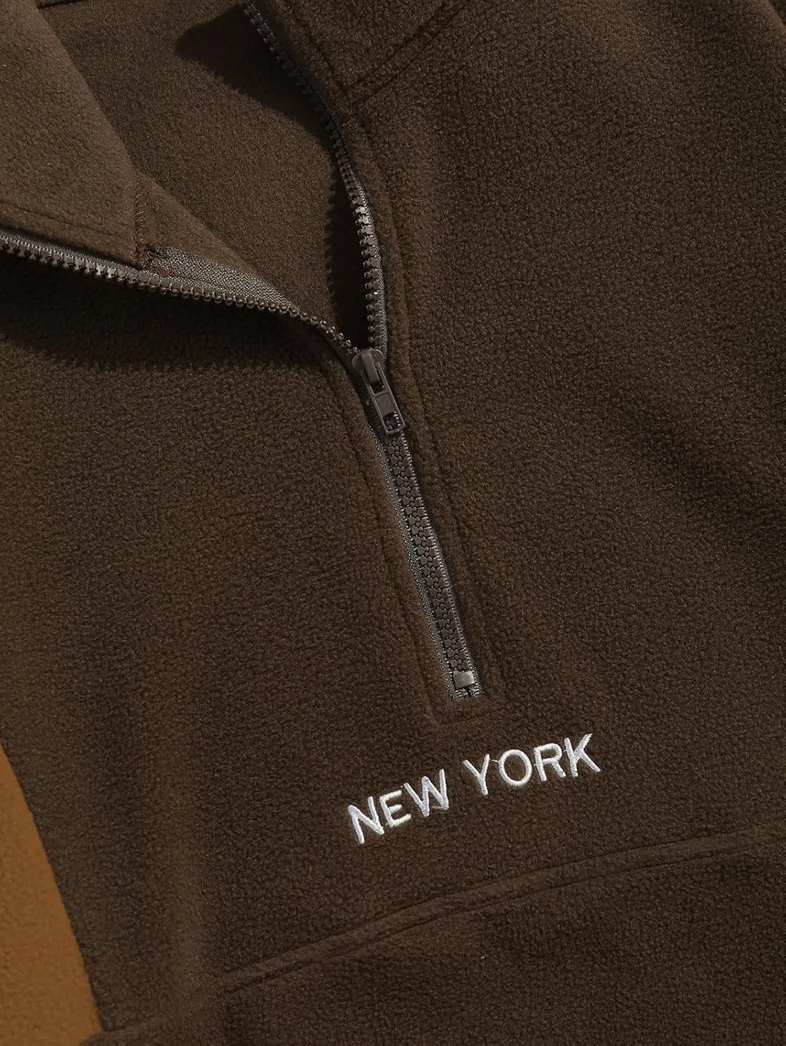 ZAFUL Men's Fluffy Polar Fleece Sweatshirt NEW YORK Embroidery Colorblock Half Zip Unisex Hoodie