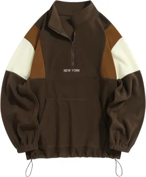 ZAFUL Men's Fluffy Polar Fleece Sweatshirt NEW YORK Embroidery Colorblock Half Zip Unisex Hoodie