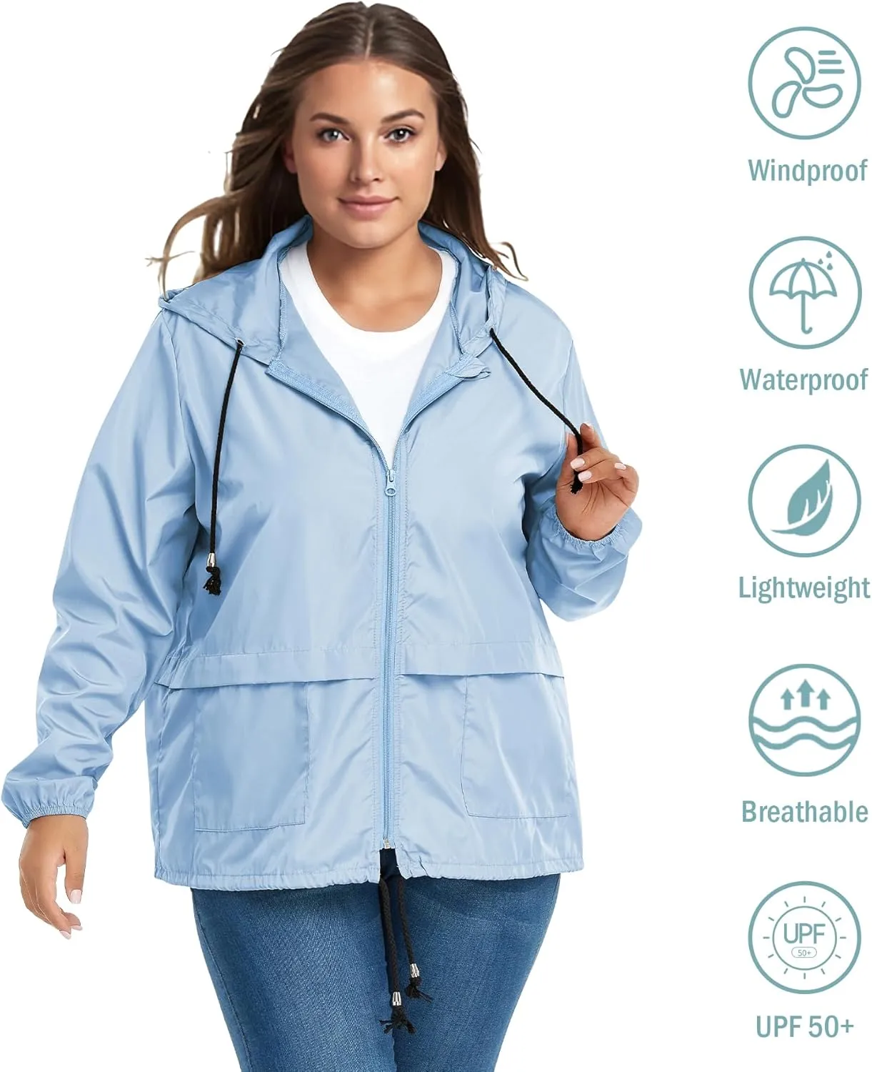 Zando Plus Size Rain Jacket Womens Waterproof with Hood Windbreaker Travel Rain Coat for Women Lightweight Packable Raincoat