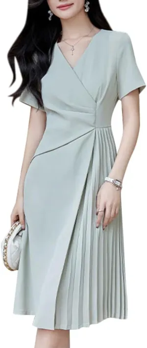 ZANZEA Summer Dresses for Women 2024 Short Sleeve Faux Wrap V Neck Sundress Pleated Cocktail Party Casual Midi Dress