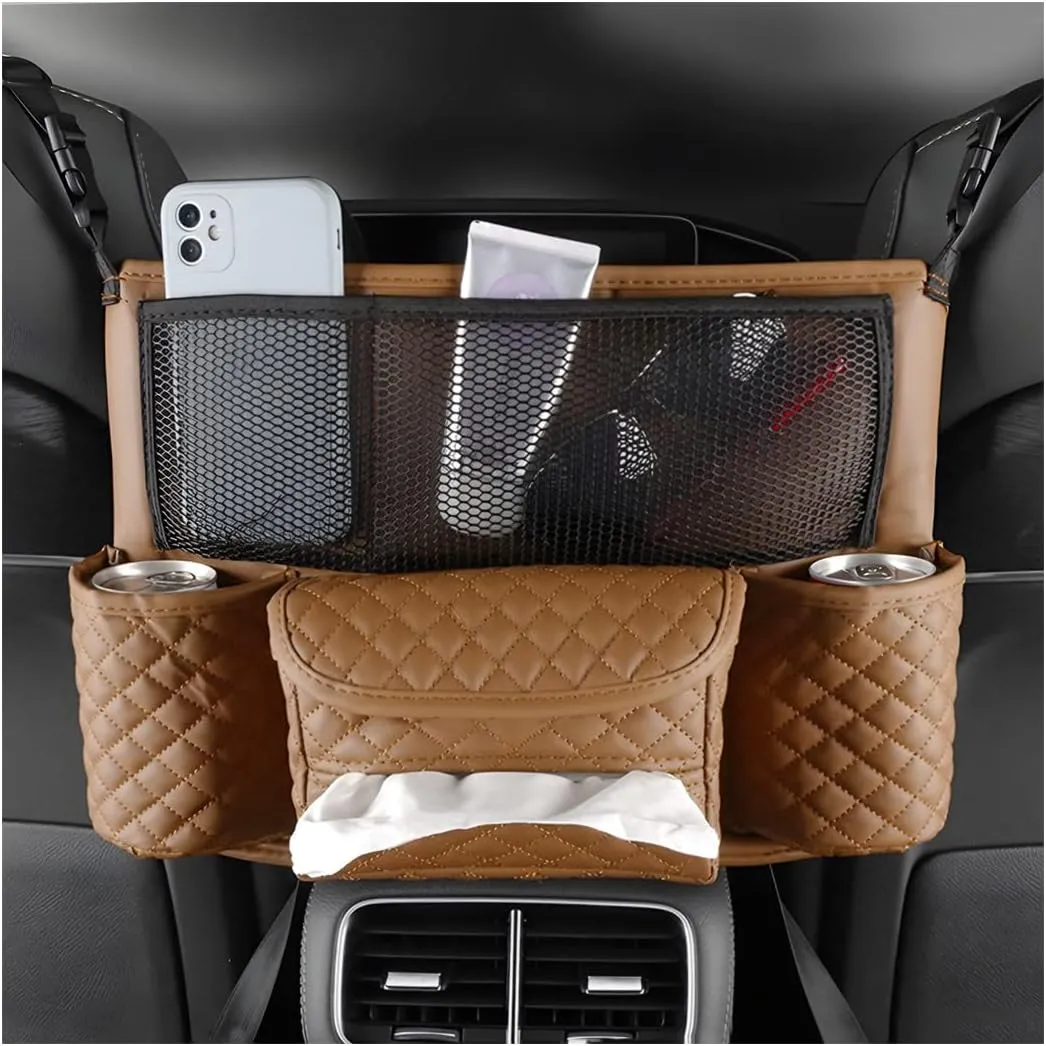zipelo Car Handbag Holder Between Seats, PU Leather Multi-Pocket Large Capacity Purse Holder, Auto Net Bag Barrier of Backseat Pet Kids, Car Seat Organizers and Storage for Cargo Tissue Cup (Brown)