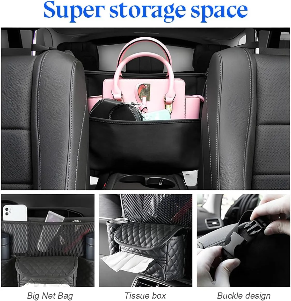 zipelo Car Handbag Holder Between Seats, PU Leather Multi-Pocket Large Capacity Purse Holder, Auto Net Bag Barrier of Backseat Pet Kids, Car Seat Organizers and Storage for Cargo Tissue Cup (Brown)