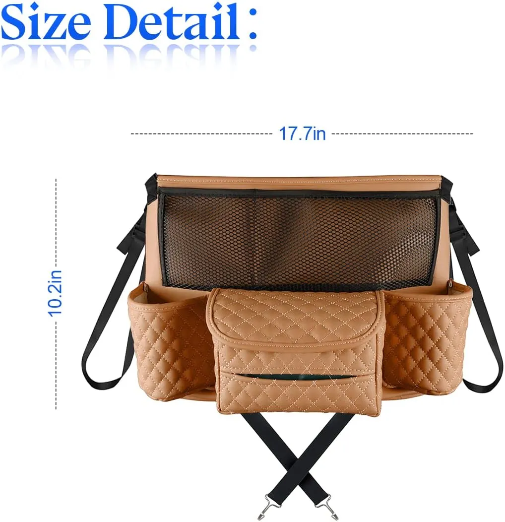 zipelo Car Handbag Holder Between Seats, PU Leather Multi-Pocket Large Capacity Purse Holder, Auto Net Bag Barrier of Backseat Pet Kids, Car Seat Organizers and Storage for Cargo Tissue Cup (Brown)