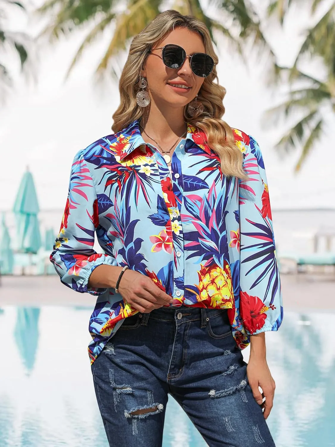 ZXZY Women Pineapple Printed Lapel Collar Half Sleeves Buttons Down Blouse Shirt