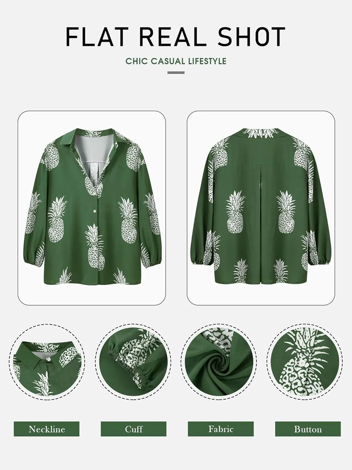 ZXZY Women Pineapple Printed Lapel Collar Half Sleeves Buttons Down Blouse Shirt