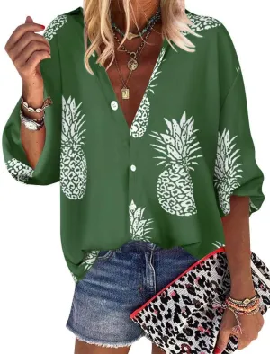 ZXZY Women Pineapple Printed Lapel Collar Half Sleeves Buttons Down Blouse Shirt