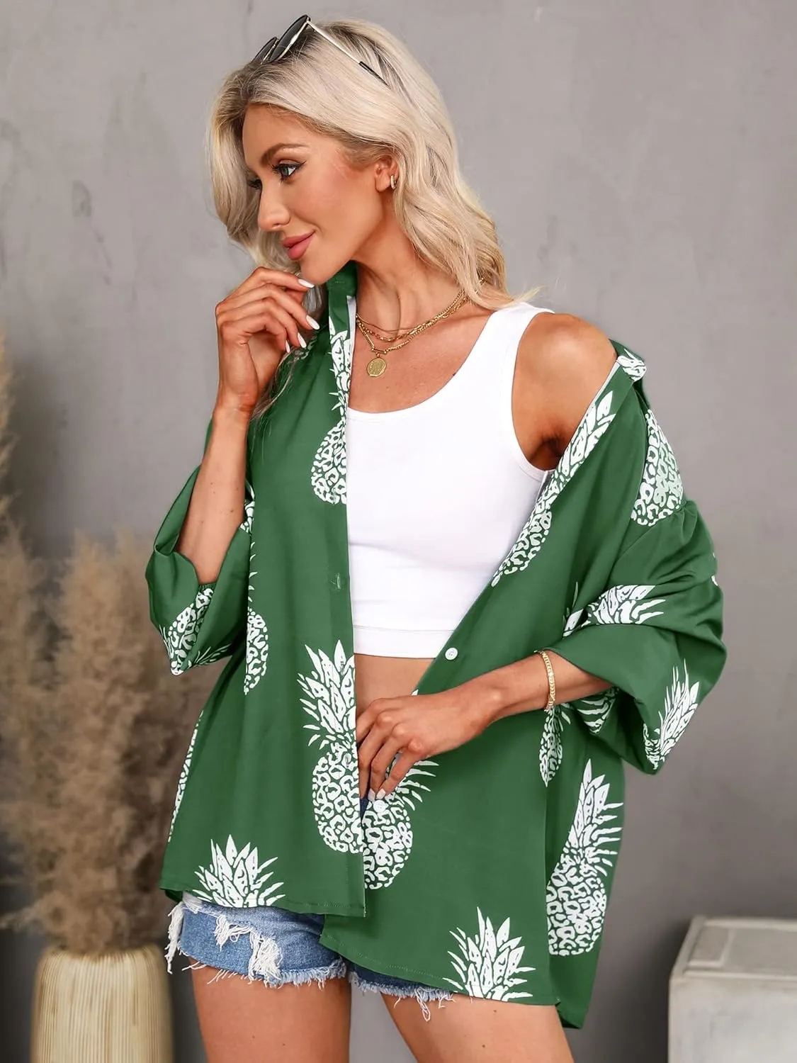 ZXZY Women Pineapple Printed Lapel Collar Half Sleeves Buttons Down Blouse Shirt
