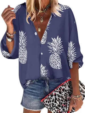 ZXZY Women Pineapple Printed Lapel Collar Half Sleeves Buttons Down Blouse Shirt