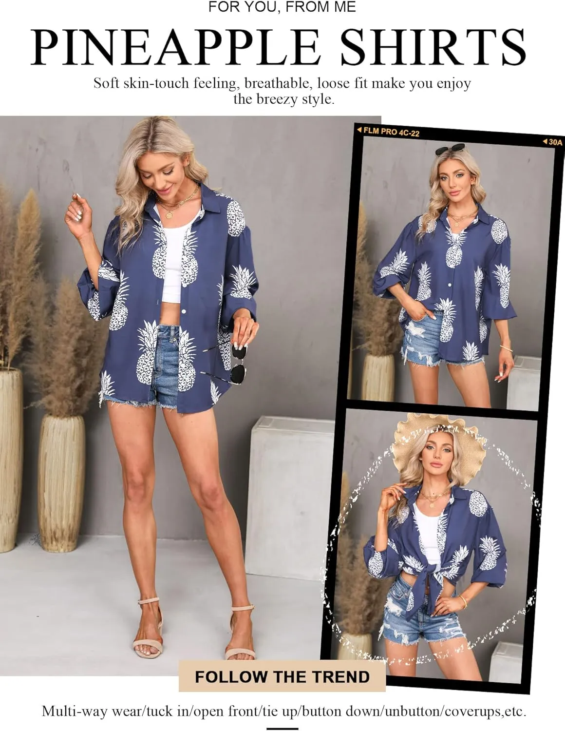ZXZY Women Pineapple Printed Lapel Collar Half Sleeves Buttons Down Blouse Shirt