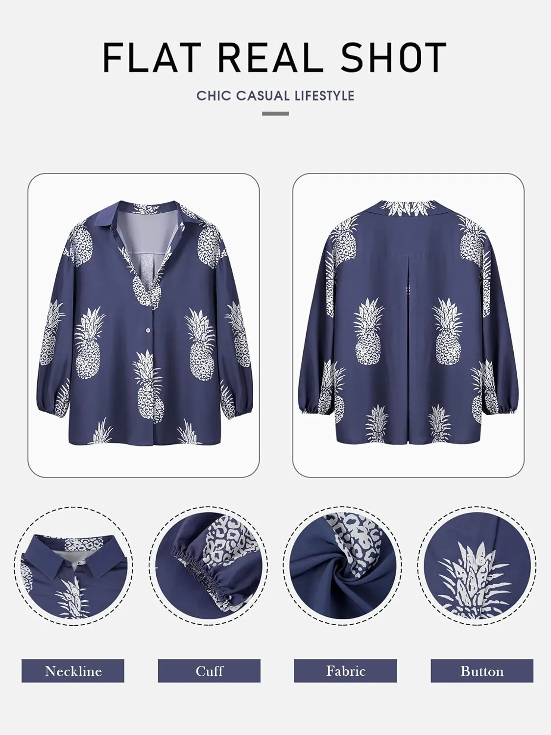 ZXZY Women Pineapple Printed Lapel Collar Half Sleeves Buttons Down Blouse Shirt