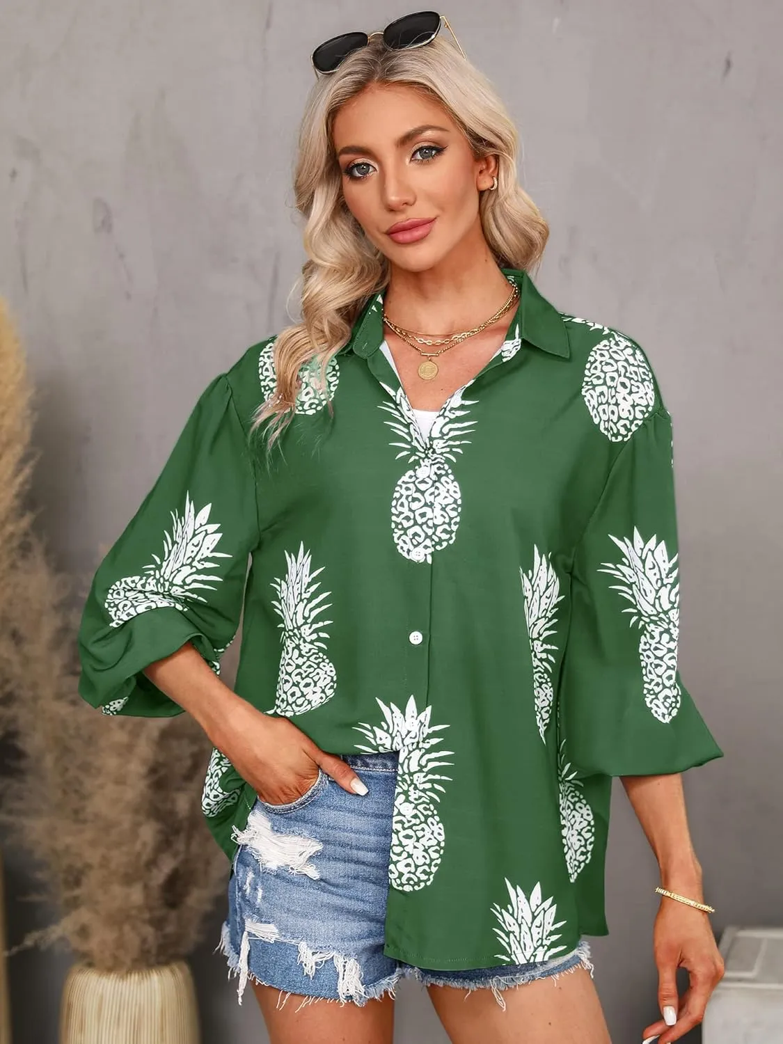 ZXZY Women Pineapple Printed Lapel Collar Half Sleeves Buttons Down Blouse Shirt
