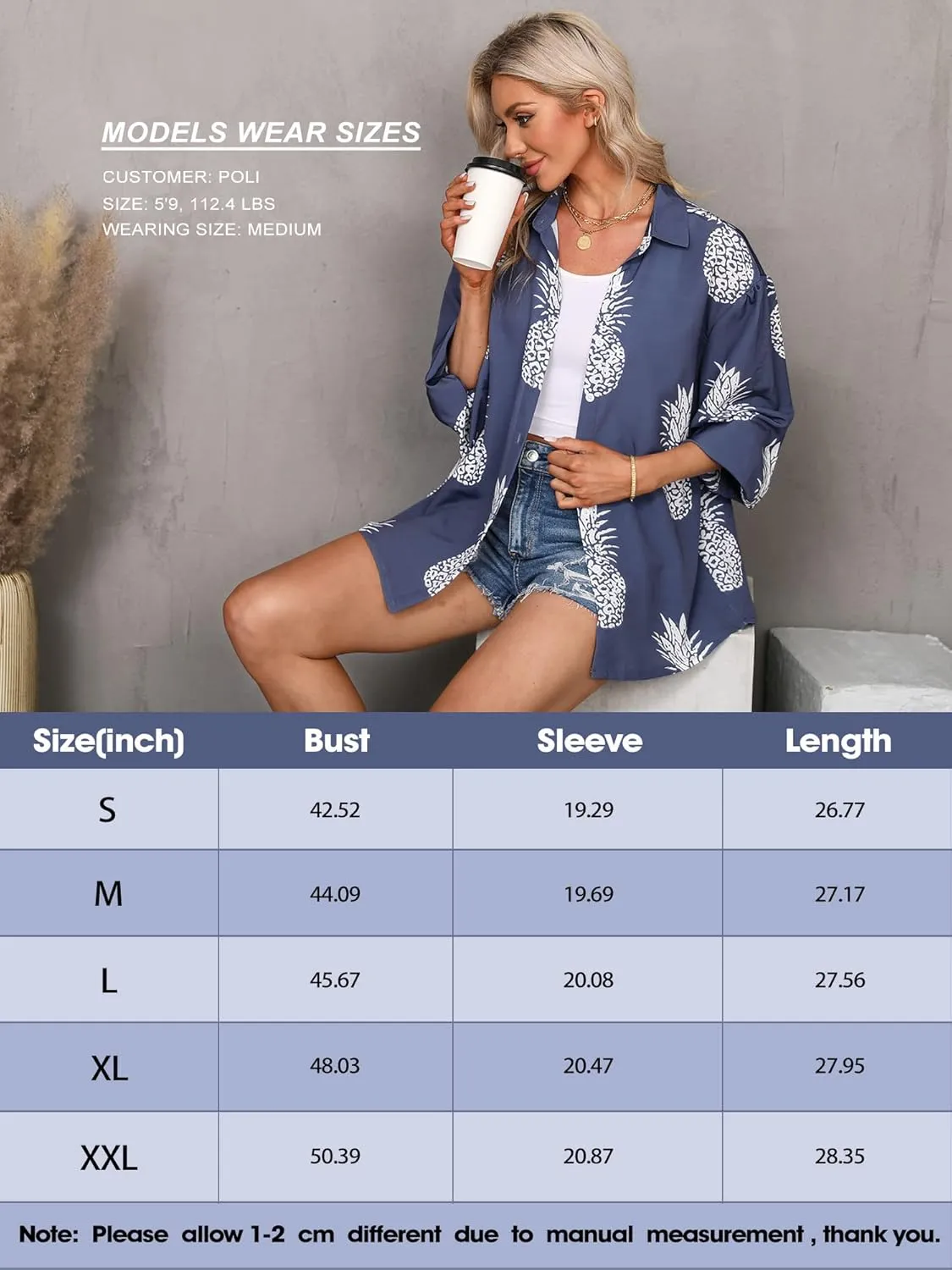 ZXZY Women Pineapple Printed Lapel Collar Half Sleeves Buttons Down Blouse Shirt