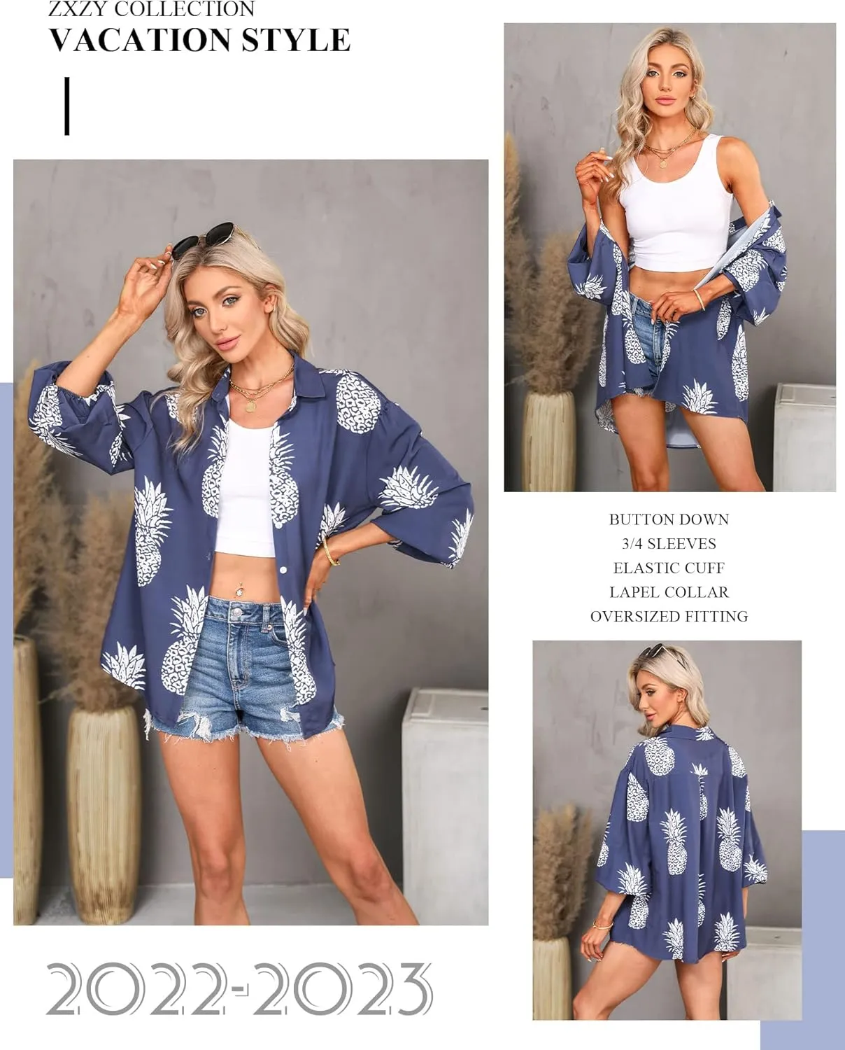 ZXZY Women Pineapple Printed Lapel Collar Half Sleeves Buttons Down Blouse Shirt